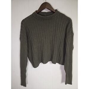 American Eagle Chunky Knit Crop Sweater Olive Green Crewneck Size Small